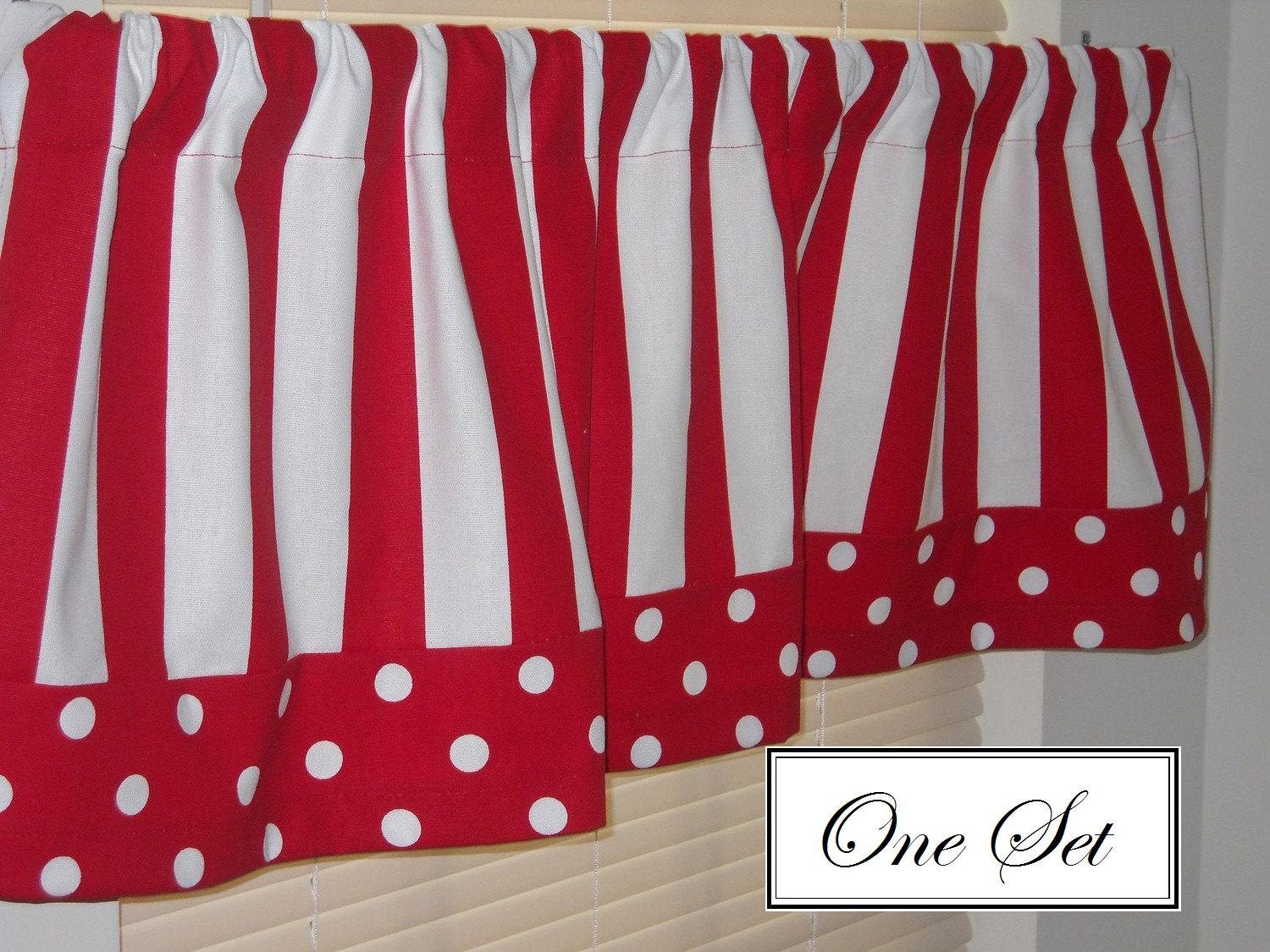 Red and White Stripe and Polka Dot Valance Curtains One Set: Two Valances