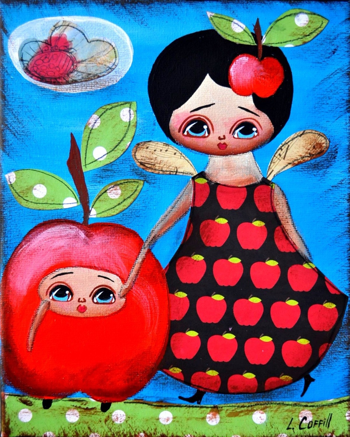 RED APPLE FAIRY GIRL DRESS 4X6 PRINT FROM ORIGINAL PRIMITIVE FOLK ART PAINTING BY LANA COFFILL