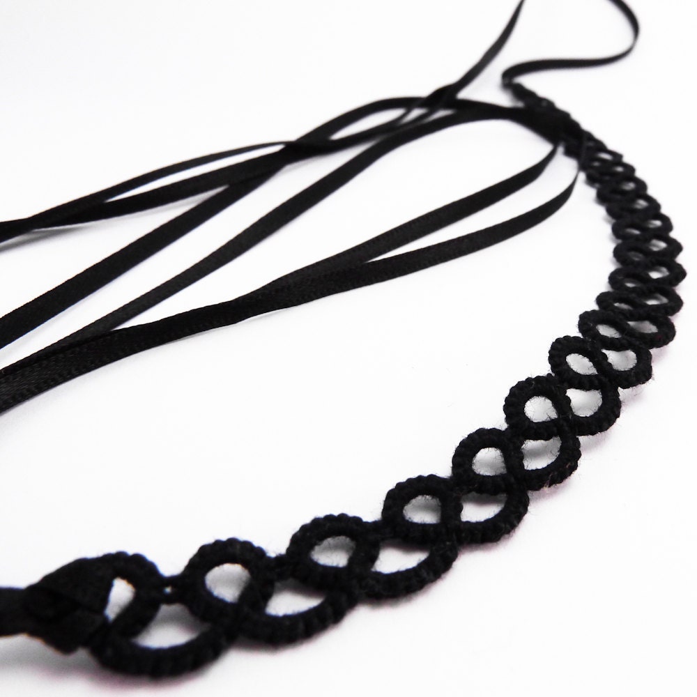 Black lace choker Gothic lace necklace collar choker satin ribbon - handmade lace jewelry dark goth steampunk victorian fashion