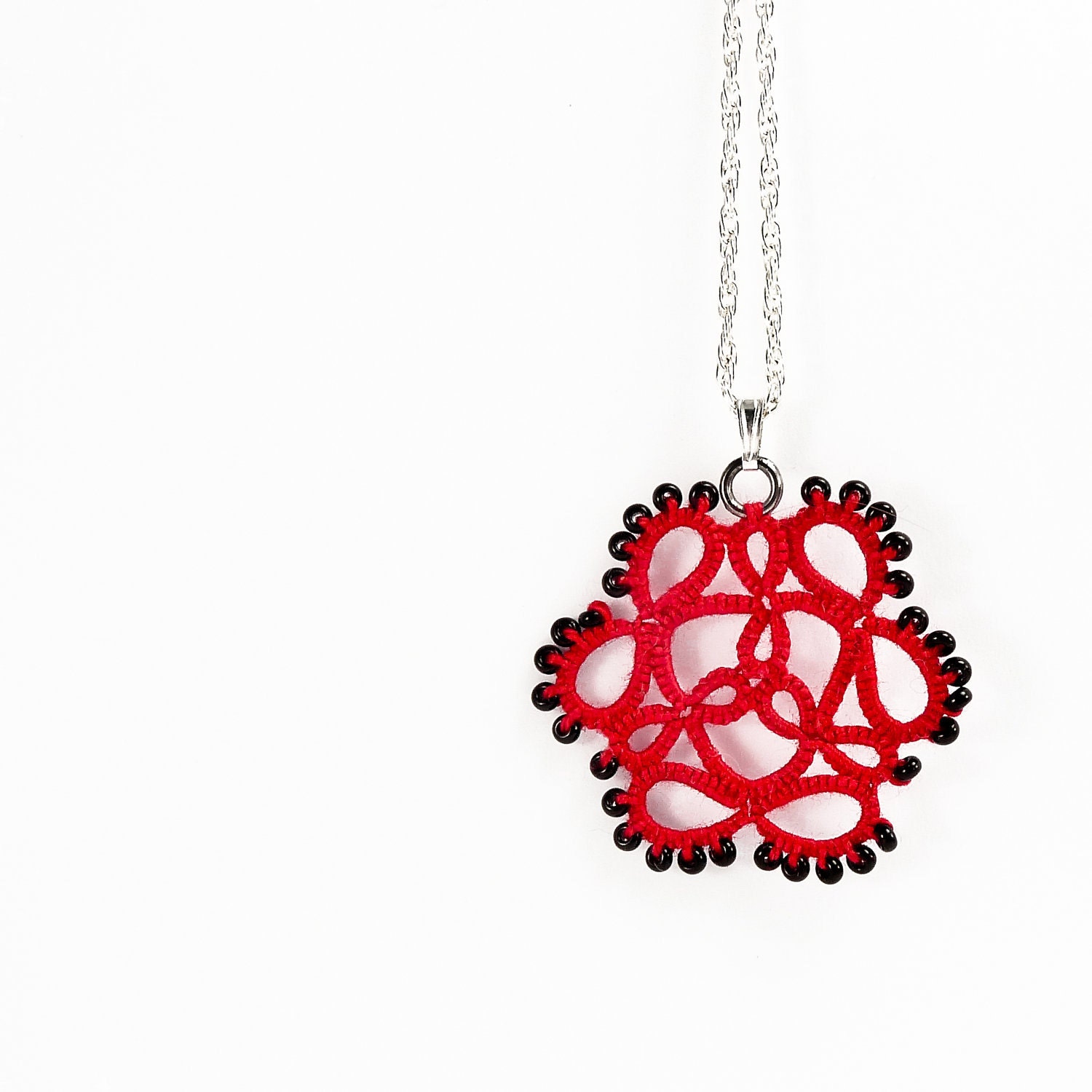 Red and black lace pendant - modern textile jewelry