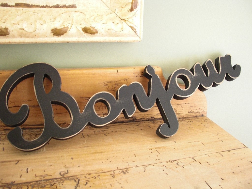 Bonjour Wood Sign Painted 8" X 20"