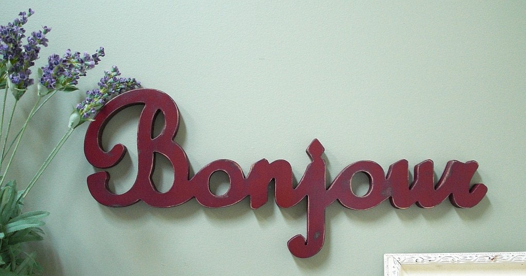 Bonjour Wood Sign Painted 8" X 20"