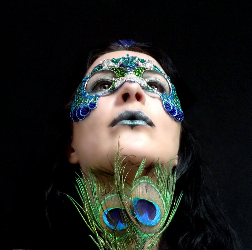 Peacock masquerade mask with crystals,  handmade