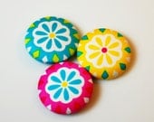 Large Round Flower Sewing Buttons - Fabric Covered w/ shank - 1.5 inch - 3 pcs - Pink, Blue, Yellow