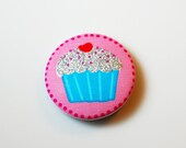 Cupcake Sewing Button - 2 inch Handmade, Fabric Covered  Cupcake Button - blue on pink