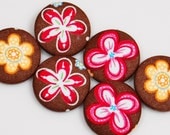 Brown and Red Flower Sewing Buttons - 1 inch fabric covered button w/ shank  - 6 pcs