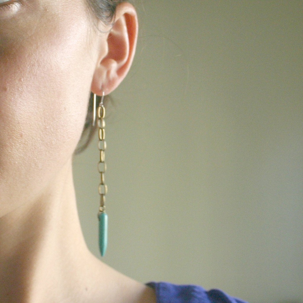 Bullet Earrings-  Long Brass Chain and Turquoise Point Jewelry hypoallergenic