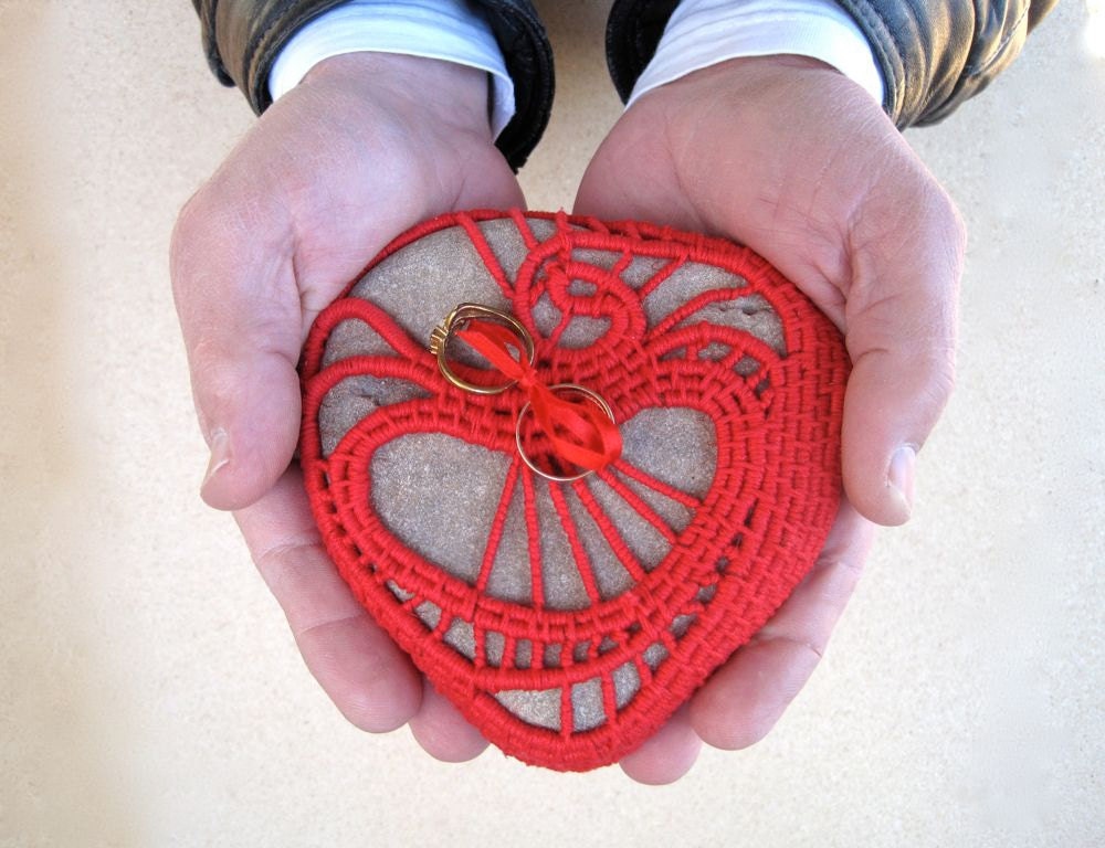 Ring Bearers Pillow - Natural Stone Art - Red Heart Organic Stone Sculpture - Poppy Red Heart