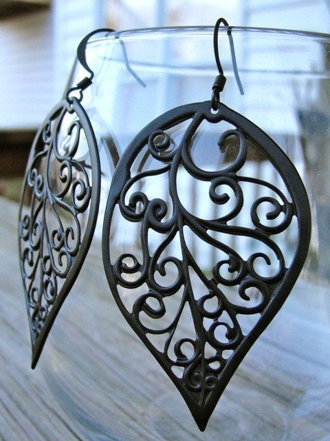 Sale - Black Curly Leaf Earrings - gift, mother, birthday, wife, daughter, sister, friend