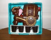 VINTAGE Ceramic Decanter w/ Cups Elephant Cart (Made in Japan)