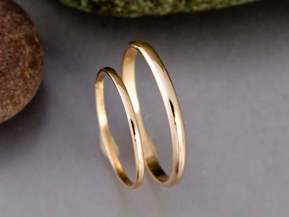 Thin Gold Wedding Band Set - 1.3 and 2mm Wide Half Round Wedding Bands in 14k Yellow Gold - The Minimalist