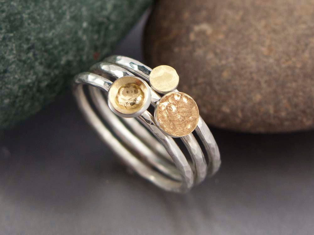 Tiny Hammered Gold Dot Ring - 18k Gold Circle and Sterling Silver Skinny Stacking Ring