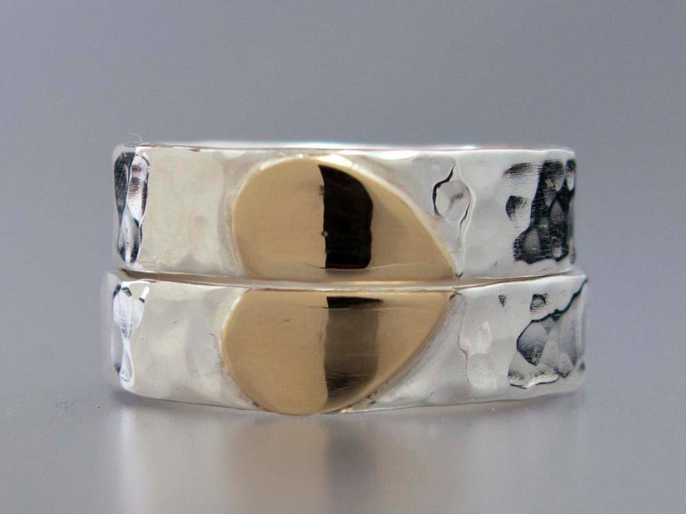 Heart Wedding Band Set in 14k Gold and Sterling Silver - We Hold One Heart