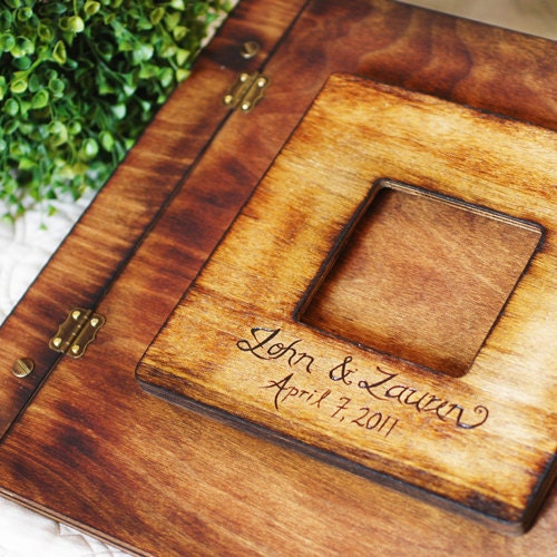 Rustic Wedding Album or Guest Book with Personalized burned engraving and inlay key design