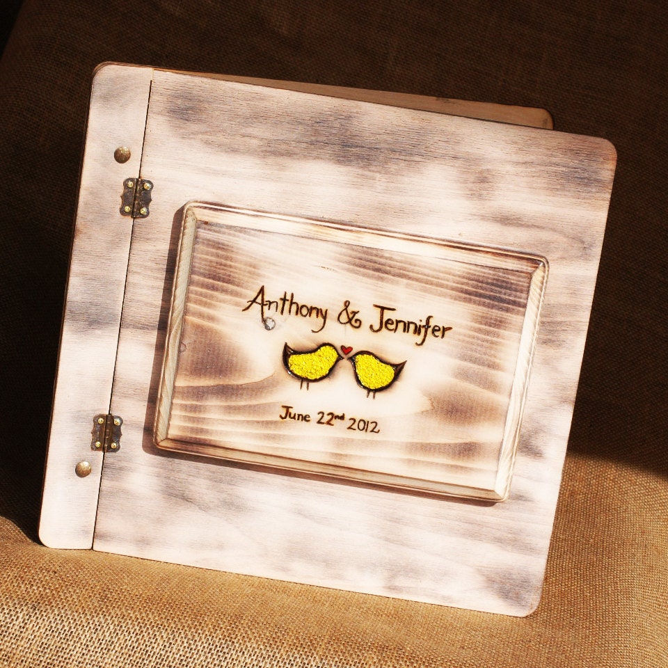 Shabby Chic Rustic Wedding Album or Guest Book with Personalized burned engraving and gold inlay key