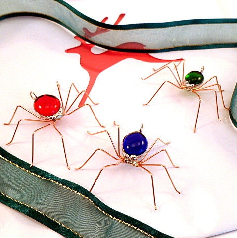 Three Small Hanging Spiders Red, Blue and Green