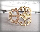 Raw Brass Filigree Ring Adjustable Delicate Ornate Golden Renaissance Style