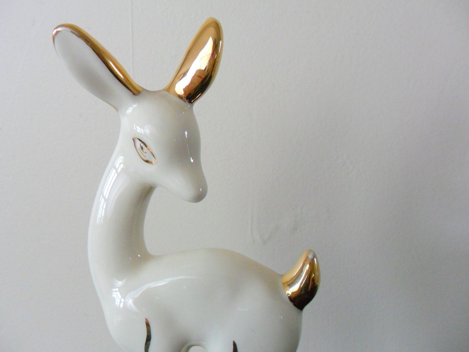 vintage midcentury large cream and gold ceramic deer figurine - reindeer - woodland - white