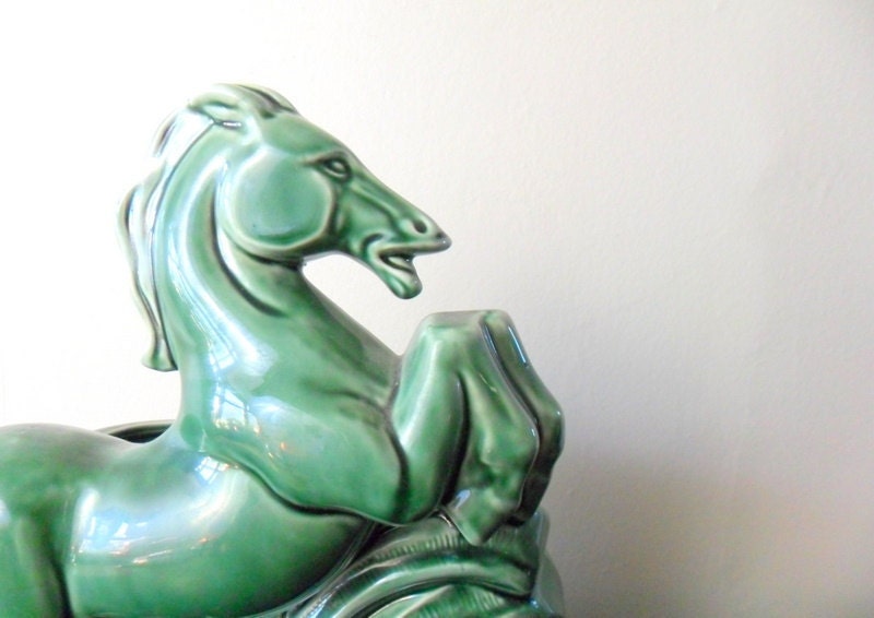 emerald green ceramic horse planter - hollywood regency - spring - equine