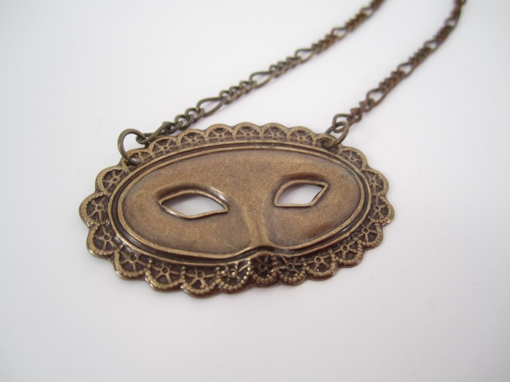 Masquerade Mask Necklace Antique Brass Mardigras Mask Venitian Mask Whimsical Necklace Modern Vintage Style Jewelry