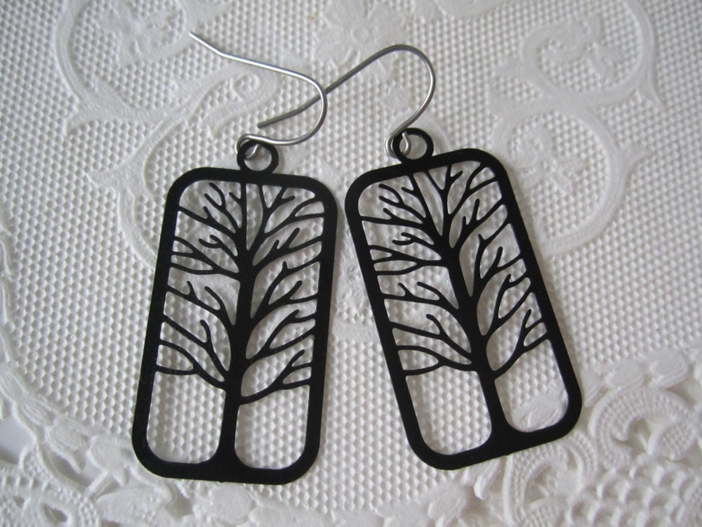 Black Silhouette Tree Earrings Winter Birch Tree Branch Earrings Bare Branches Earrings Black Enamel Earrings Modern Vintage Style Jewelry