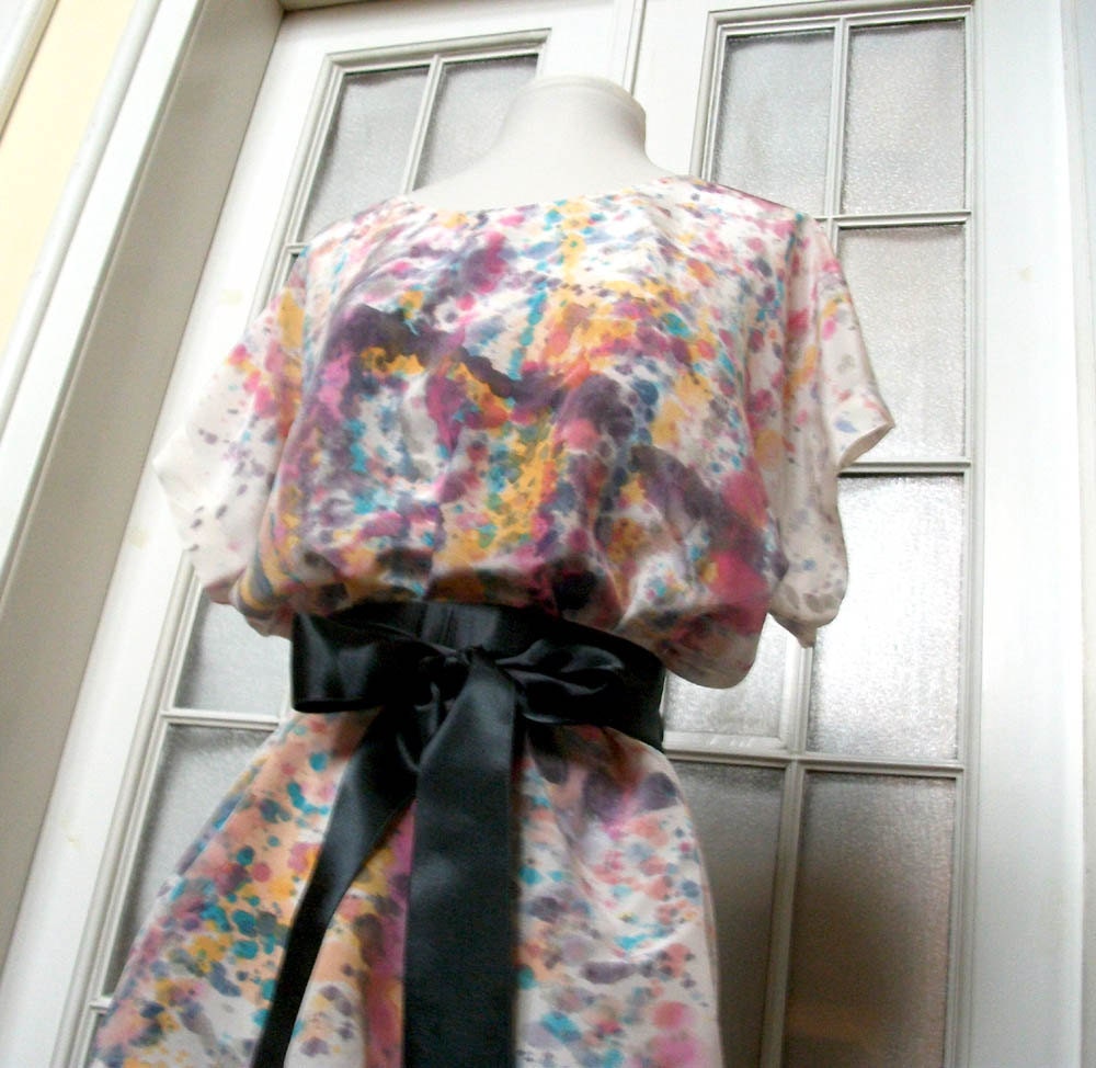Kimono Blouse  Handpainted Luxurious Crepe de Chine Silk Top  Multicolor Dots Summer Fashion