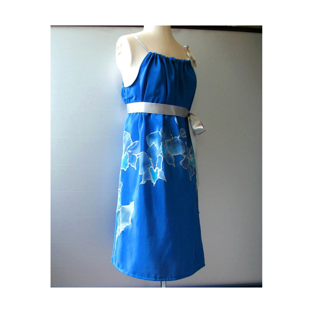 Sundress Royal Blue Floral Orchid Hand Painted Silk Draped Spring Summer Formal Prom Bridsmaid - CUSTOM MADE