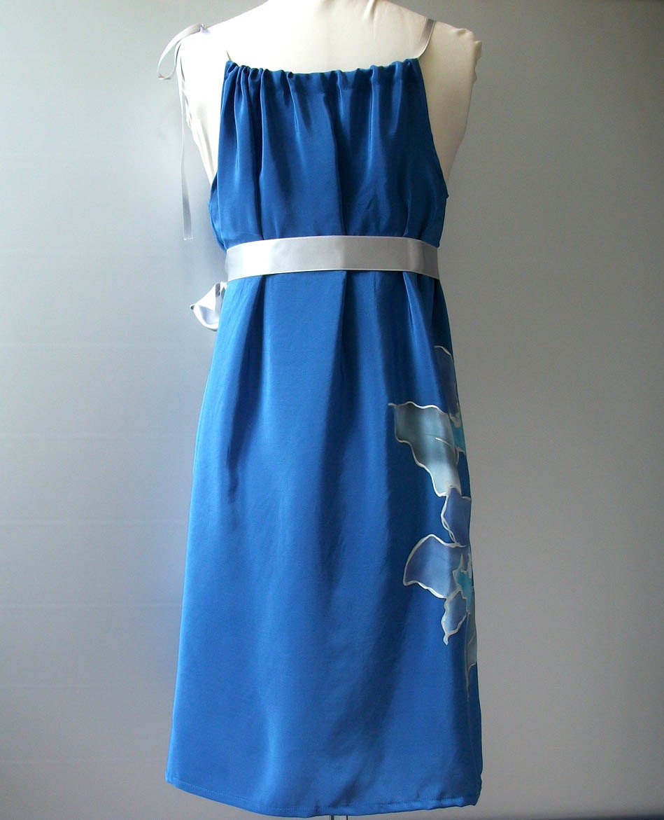 Sundress Royal Blue Floral Orchid Hand Painted Silk Draped Spring Summer Formal Prom Bridsmaid - CUSTOM MADE
