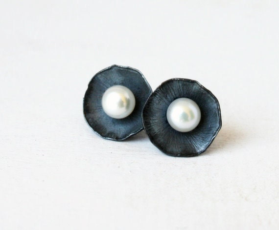 White pearl Stud earrings in fine silver / romantic pearl earrings / bridal earrings oxidized Handmade FREE SHIPPING
