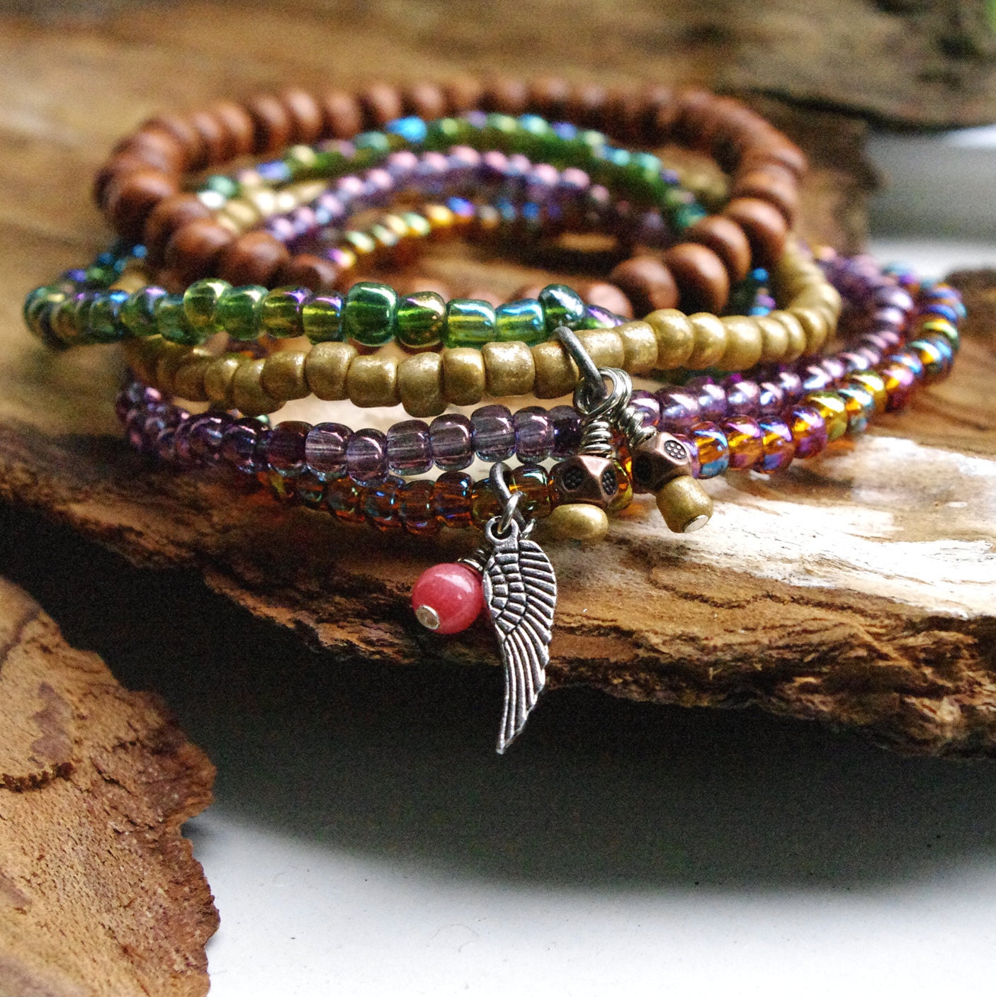 Gypsy Soul Stack with Angel Wing Charm                        - Wood, Purple, Green, Painted Gold