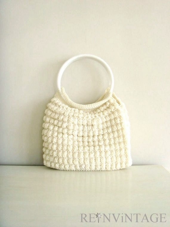 vintage macrame purse : QUiLTED ROPE ivory snow handbag