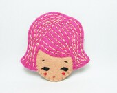 Sad fuchsia cookie girl head felt brooch