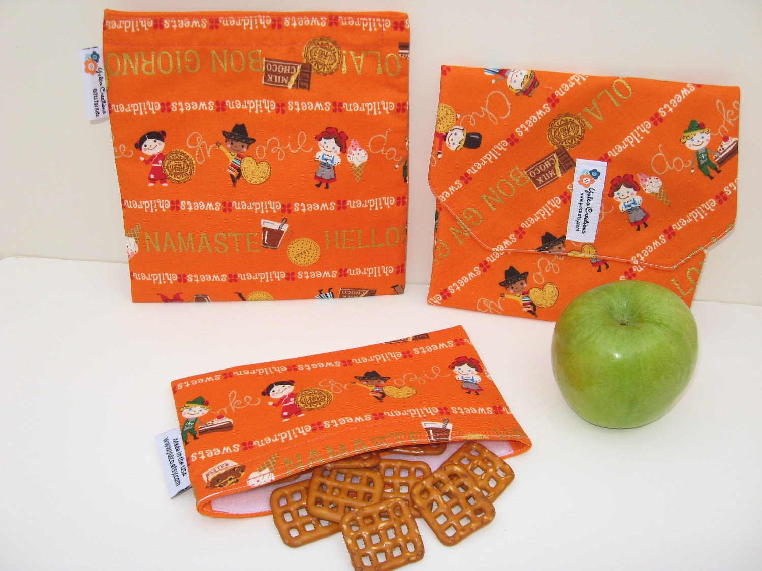 Reusable Lunch Kit --- 3 pieces- Sandwich Wrap-Placemat with Snack Bag and Sandwich Bag- Children of the World - Japaneese Kokka Fabric