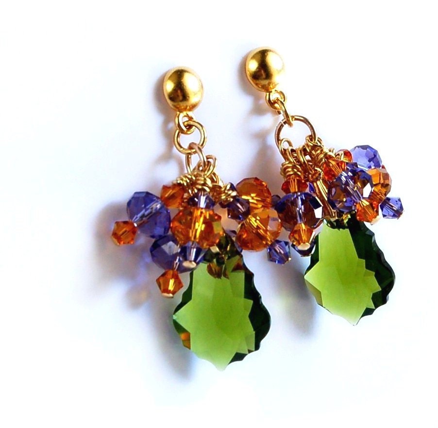 Earrings long Chandelier dangle beaded earrings crystal olivine green amber topaz orange purple lavender amethyst gold posts