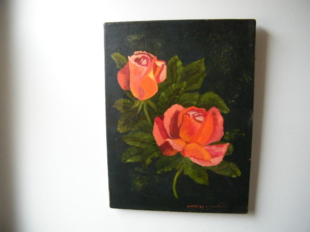 Vintage Orange Pink Rose Oil Painting