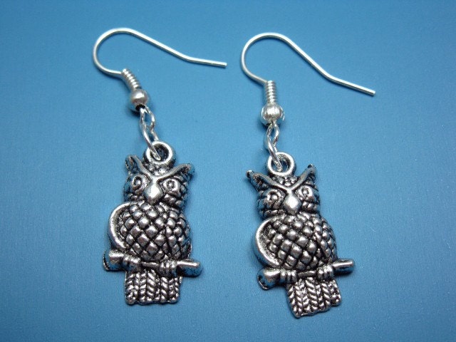 Little Owl Earrings - woodland animal earrings bird earrings retro jewelry fun earrings cute earrings kitsch earrings silver plated