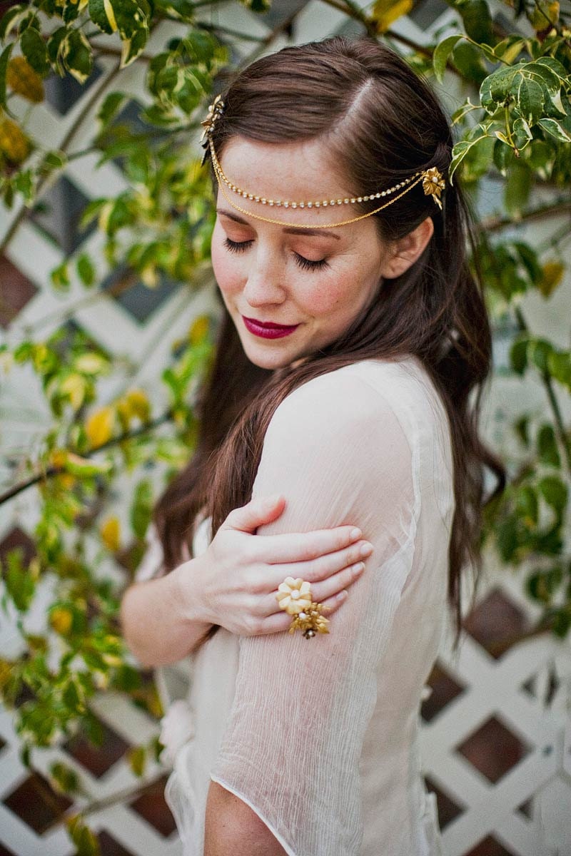 Rhinestone and chain headpiece with brass flower pins, style 505