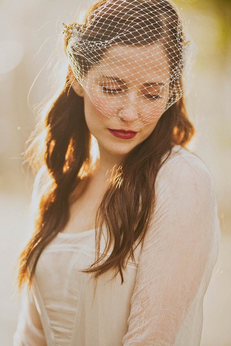 Bandeau veil with brass flowers and leaves pins, style 522