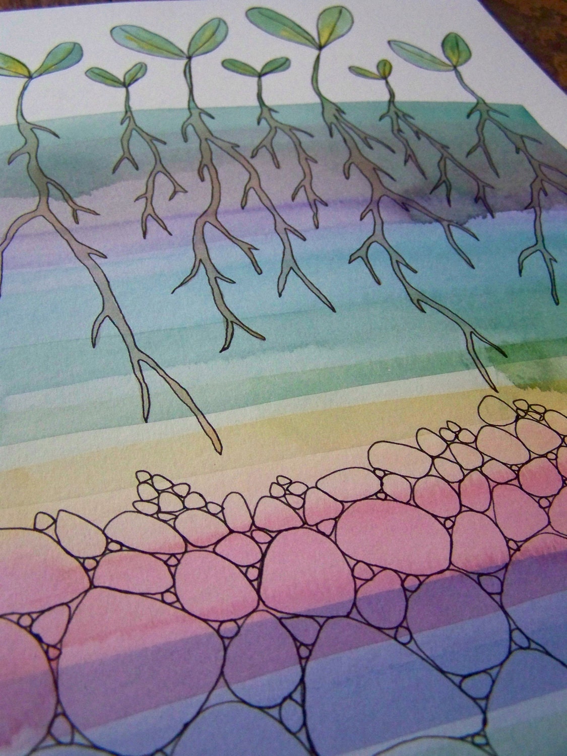 Rainbow Spring Sprouts- 11x17 print of original watercolor
