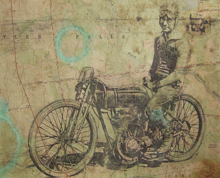 Motorcycle Drawing - Triumph BMW Norton Motorcycle - Board Track Race - Mixed Media on Map