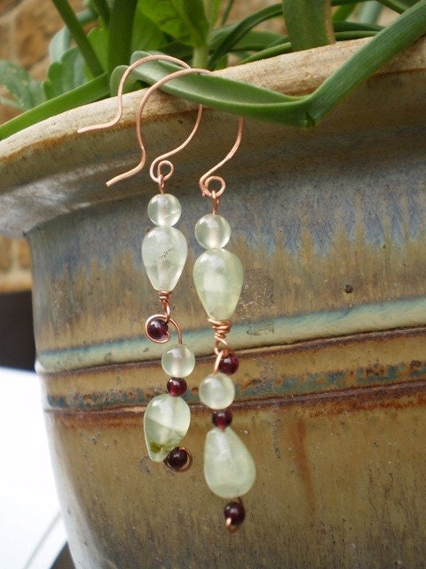 prehnite, garnet,hand forged copper earrings
