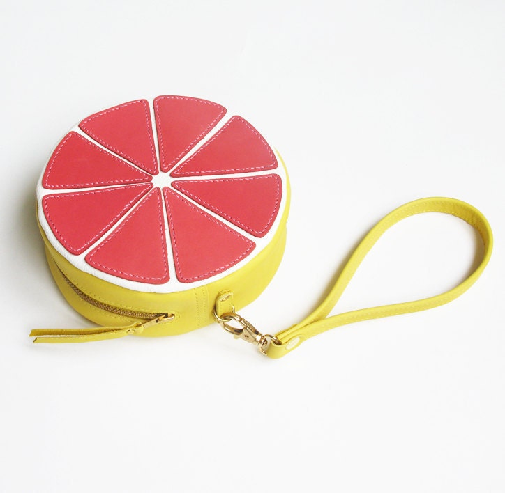 Handmade leather Pink Grapefruit pouch, fruit bag, wrist bag, citrus bag