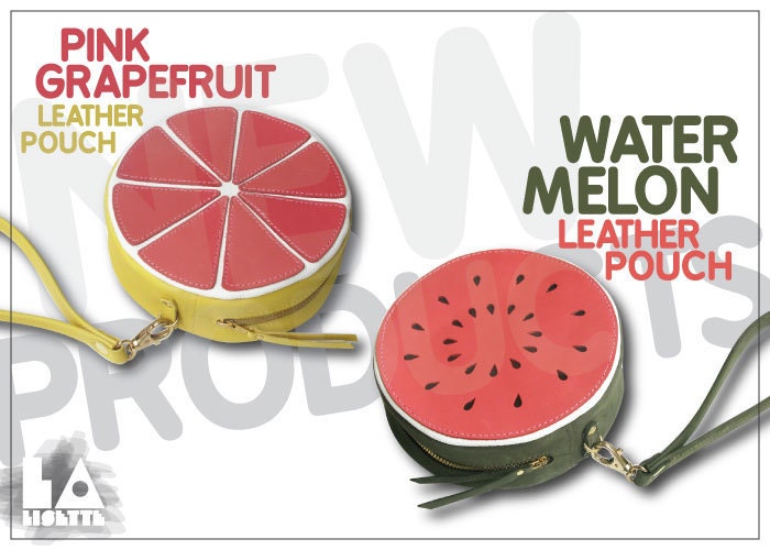 Handmade leather Pink Grapefruit pouch, fruit bag, wrist bag, citrus bag
