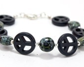 Unisex Jewelry Bracelet Black Peace Sign with Sterling Silver Natural Picasso Glass