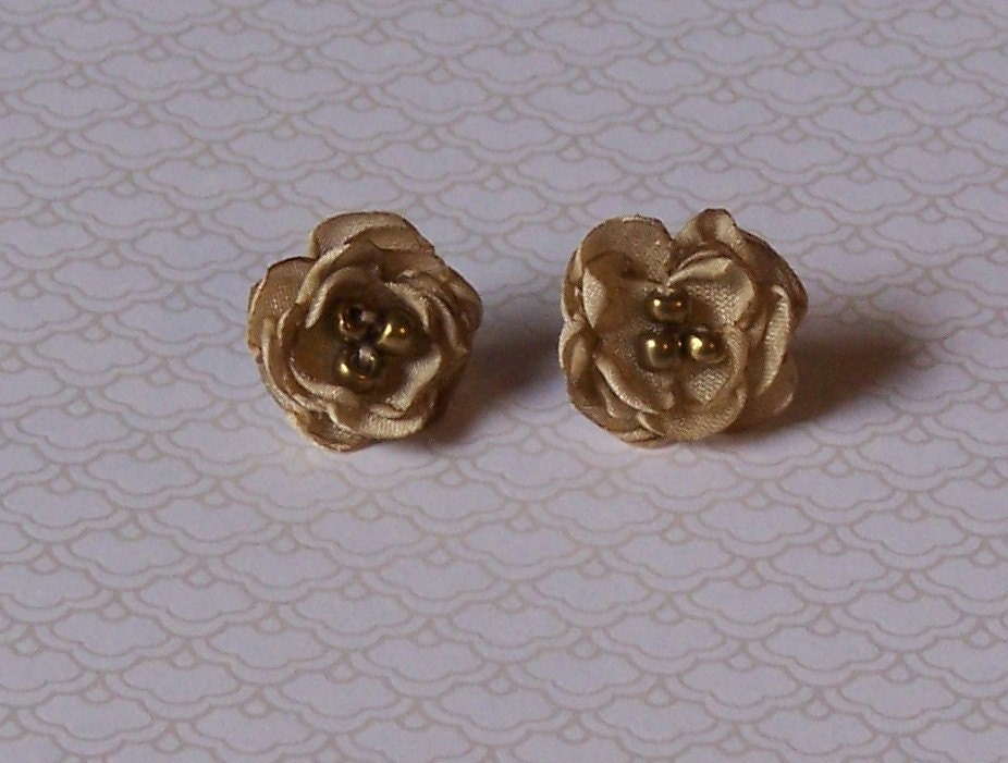 Taupe, champagne fabric flower earrings with gold beads