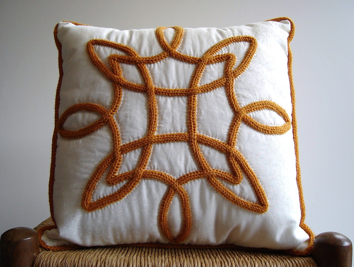 Sale Pillow Knitted Appliqued Quilted  I Cord Gold Celtic