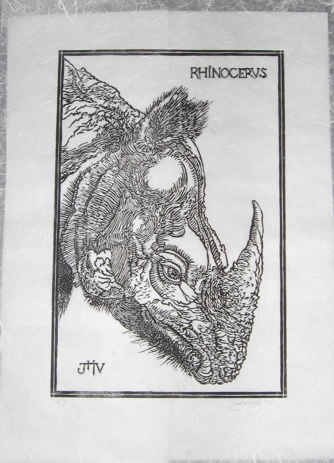 Linoleum-cut Block Print (Durer's Rhino)  Hand cut, signed and printed on Unryu paper 12X18