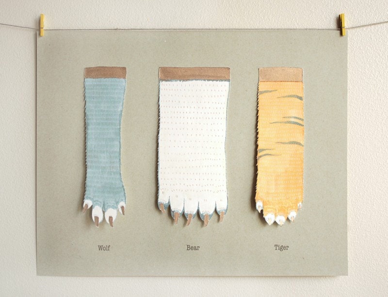 Animal hands - original - glow in the dark - wolf, bear, tiger - 11x14