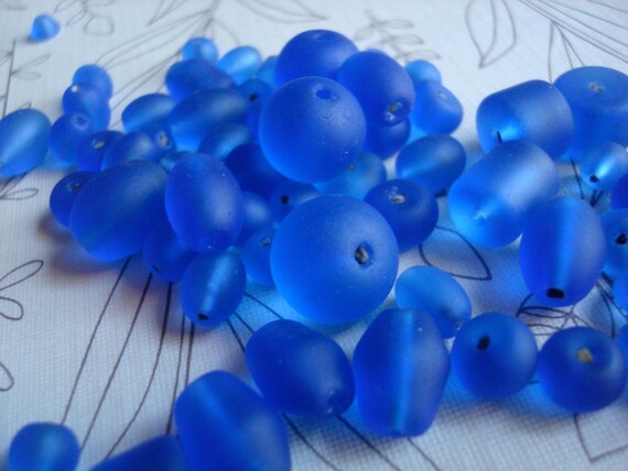 100 sea glass bead blue cobalt royal 2-10 mm glass beach beads collection