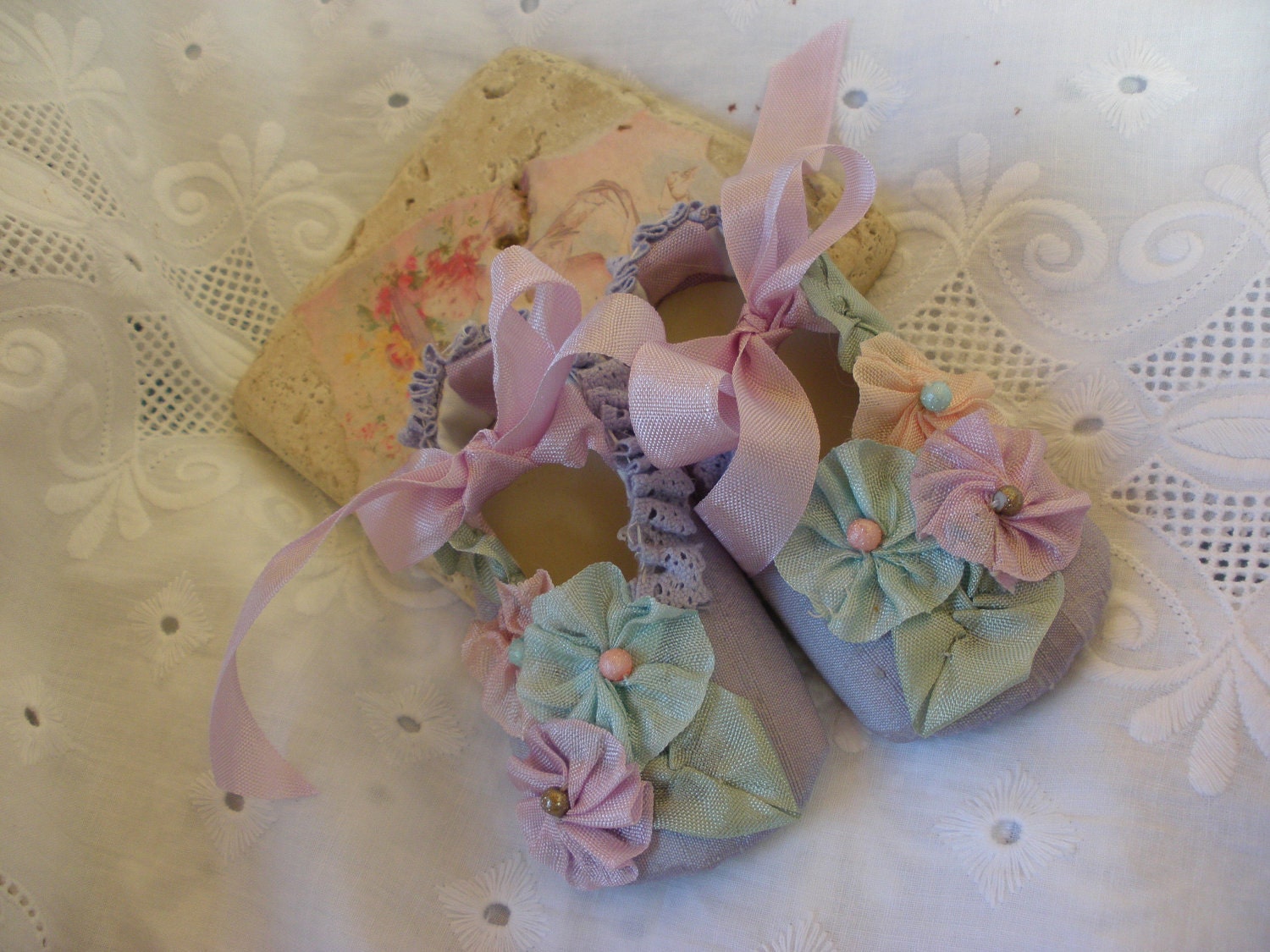 Lavender Lullaby Newborn Baby Girl Cinderella Style Princess Shoes in Dupioni Silk with French Ribbonwork Rosettes and Handdyed Vintage Lace
